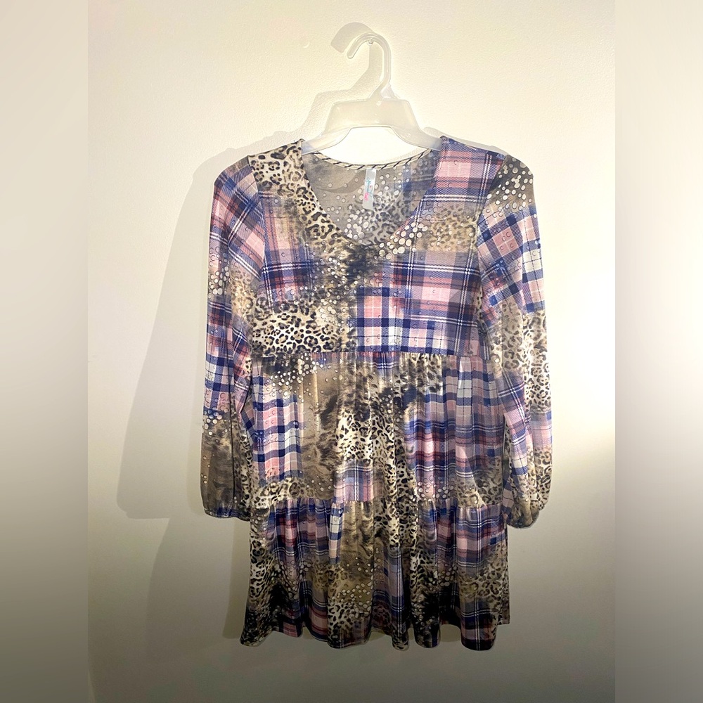 Print dress medium. Animal print with pink and blue plaid patchwork.